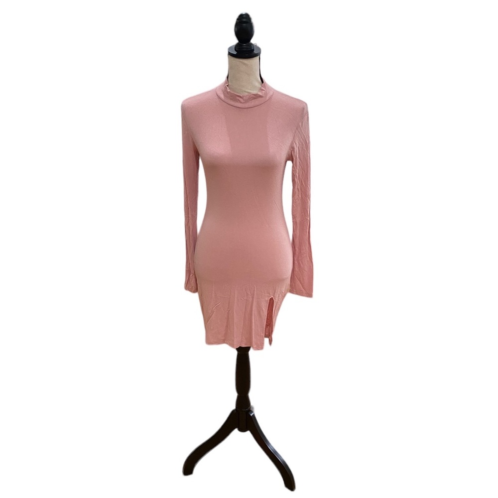 Mock Neck Side Slit Long Sleeve Mini Dress